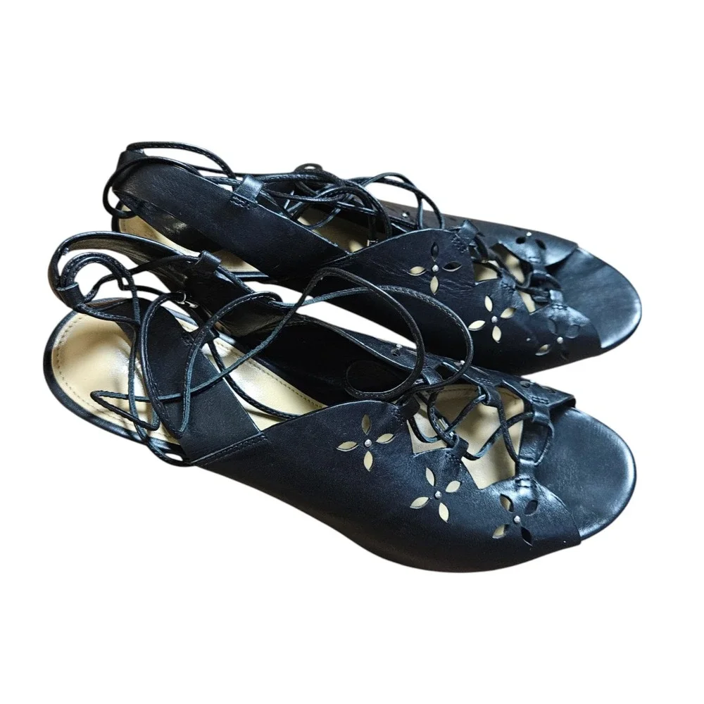 Michael Kors Thalia‎ Lace-Up Dress Sandals 9.5 M Peep Toe Cut Out Leather Black